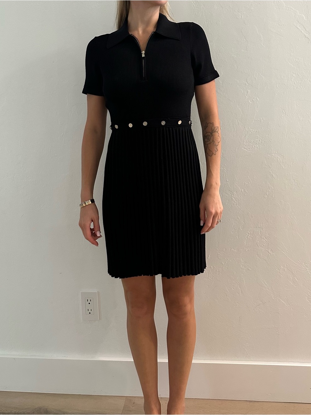 Maje Black Ribbed Polo Zip Mini Dress with Decorative Waist Buttons